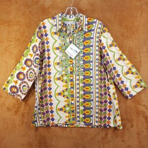 COLORI DI MARE Womens Top Medium Green Button Up Shirt Embroidered Beaded Kaftan